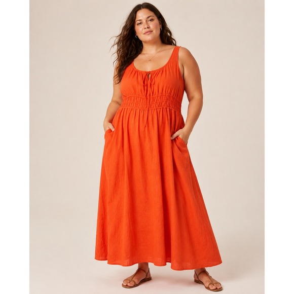J. Crew Dresses & Skirts - Womens J.Crew Summer Gauzy Linen Maxi Dress XL Orange Smocked Waist Boho